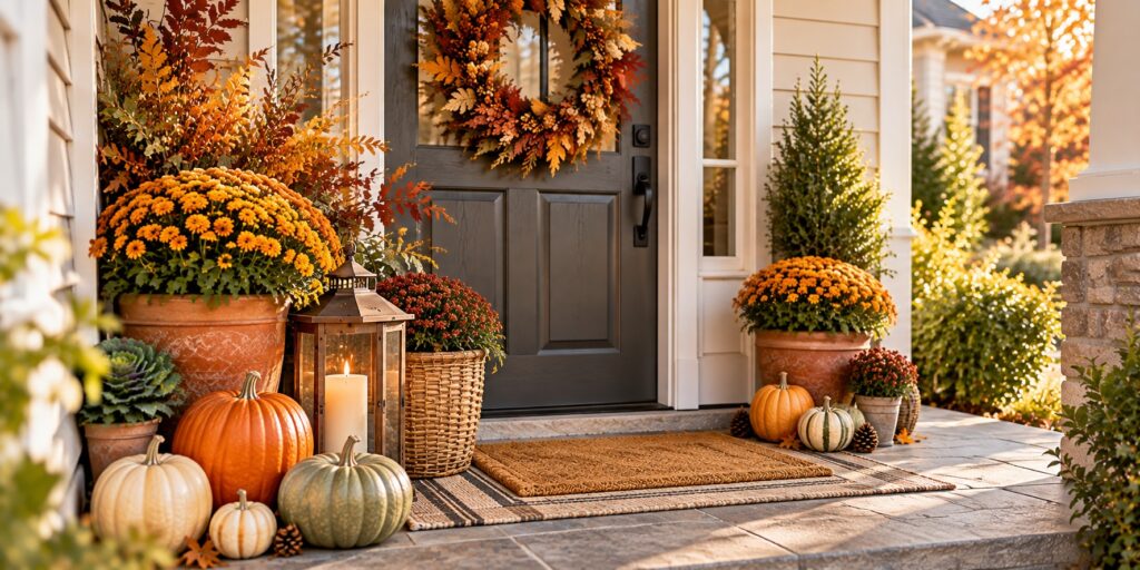 Inviting small fall front porch with a charcoal-gray door, autumn foliage wreath, orange and cream pumpkins, terracotta planters, golden chrysanthemums, and a glowing lantern.