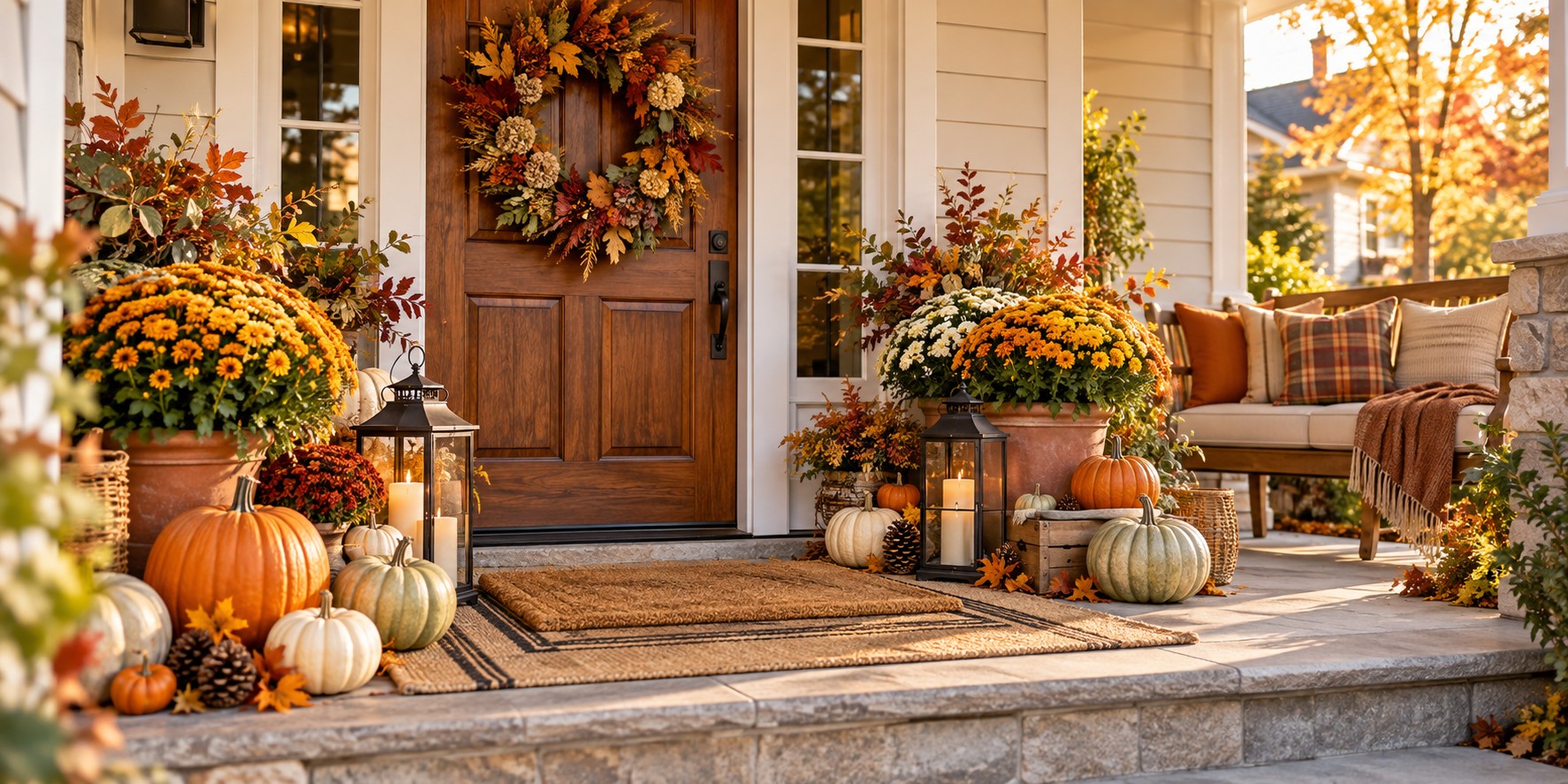 Welcoming fall front porch with a wooden door, autumn wreath, orange and cream pumpkins, golden chrysanthemums, glowing lanterns, and a cozy bench.