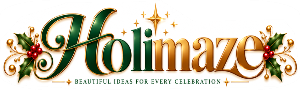 Compact Holimaze footer logo with green and gold lettering, festive holly, red berries, gold accents, and the tagline Beautiful Ideas for Every Celebration.