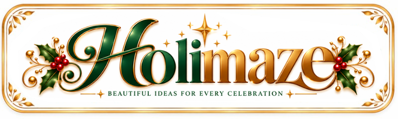 Holimaze logo in elegant green and gold lettering with festive holly, red berries, gold accents, and the tagline Beautiful Ideas for Every Celebration.