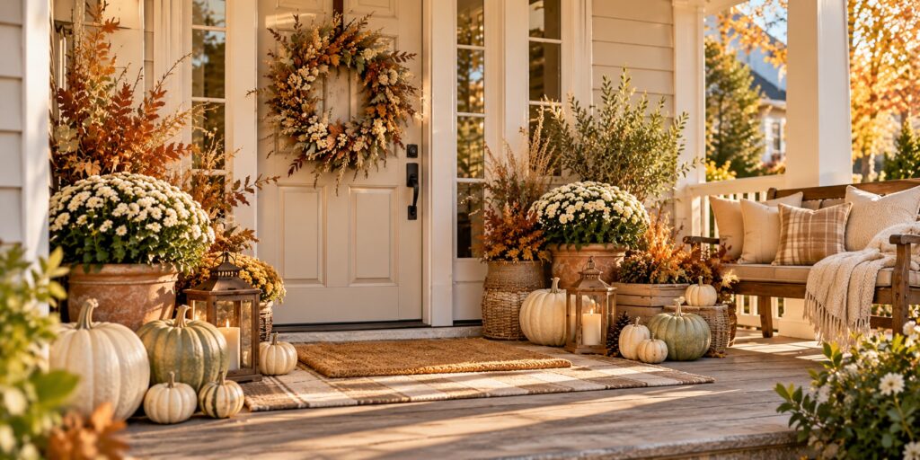 Beautiful neutral fall porch with a cream front door, autumn wreath, white and sage pumpkins, woven baskets, potted flowers, lanterns, and a cushioned wooden bench.