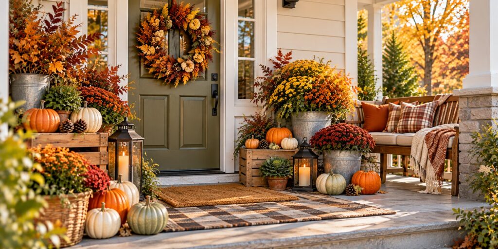 Cozy farmhouse fall porch featuring a sage-green door, colorful autumn wreath, wooden crates, pumpkins, chrysanthemums, lanterns, and a bench with plaid pillows.